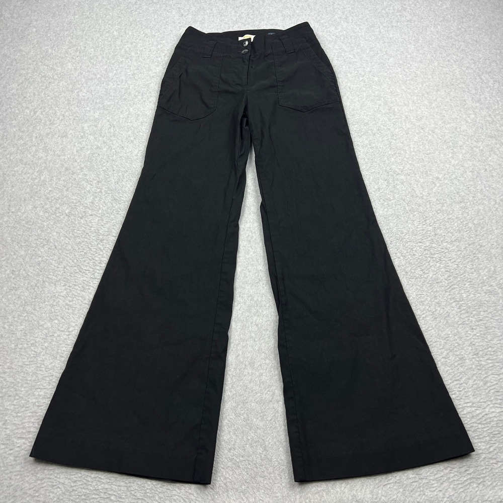 Maeve Naomi Pants Womens 2 Black Linen Wide Leg Flare Patch Pocket Trousers Chic